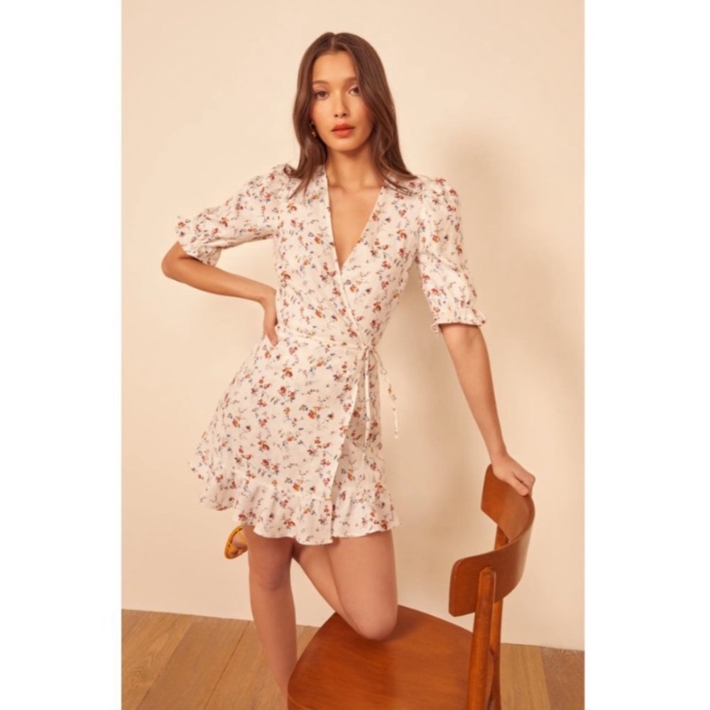 Reformation Floral Wrap Mini Dress - White and Pink